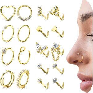 Elegant 18g 20g Hypoallergenic Stainless Steel Heart Square CZ Nose Rings Hoop L